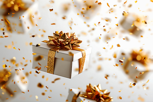 JPG 편집이미지 리본 선물 사람없음 선물상자 금색 흰색 오브젝트 꽃가루 금가루 스팽글 편집실사 AI컴퓨터그래픽 AI콘텐츠 컬러 상자 가루 CG 파일형식