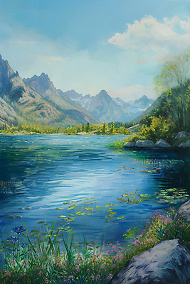 JPG 나무 구름 호수 백그라운드 일러스트 하늘 산 풍경 사람없음 봄 유화 국내일러스트 AI일러스트 AI콘텐츠 자연요소 식물 계절 미술 파일형식