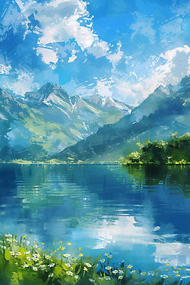 JPG 나무 구름 호수 백그라운드 일러스트 하늘 산 풍경 사람없음 봄 유화 국내일러스트 AI일러스트 AI콘텐츠 자연요소 식물 계절 미술 파일형식