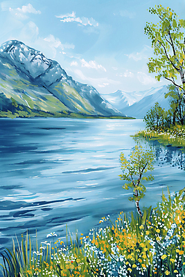 JPG 나무 구름 호수 백그라운드 일러스트 하늘 산 풍경 사람없음 봄 유화 국내일러스트 AI일러스트 AI콘텐츠 자연요소 식물 계절 미술 파일형식