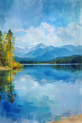 JPG 나무 구름 호수 백그라운드 일러스트 하늘 산 풍경 사람없음 봄 유화 국내일러스트 AI일러스트 AI콘텐츠 자연요소 식물 계절 미술 파일형식