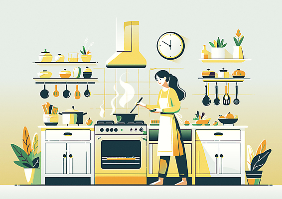 전신 라이프스타일 여자 화분 화초 시계 가구 일러스트 휴식 선반 요리 한명 성인 취미 일상 인테리어 노란색 주방 앞치마 가스레인지 오븐 냄비 감성 성인여자한명만 국내일러스트 AI파일 식물 1 디자인 컬러 생활용품 컨셉 사람 라이프 생활 가전제품 레인지 솥 여자한명만 성인여자만 파일형식 벡터