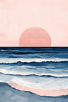 JPG 파도 바다 분홍색 백그라운드 일러스트 자연 풍경 해변 사람없음 태양 일출 분위기 감성 미니멀 국내일러스트 AI일러스트 AI콘텐츠 자연요소 컬러 컨셉 노을 생태계 파일형식