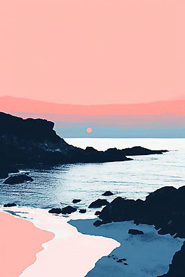 JPG 바다 분홍색 백그라운드 일러스트 자연 풍경 해변 사람없음 일출 바위 분위기 감성 미니멀 국내일러스트 AI일러스트 AI콘텐츠 컬러 컨셉 노을 돌_바위 생태계 파일형식