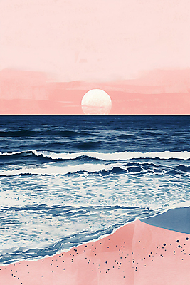 JPG 파도 바다 분홍색 백그라운드 일러스트 자연 풍경 해변 사람없음 태양 일출 분위기 감성 미니멀 국내일러스트 AI일러스트 AI콘텐츠 자연요소 컬러 컨셉 노을 생태계 파일형식