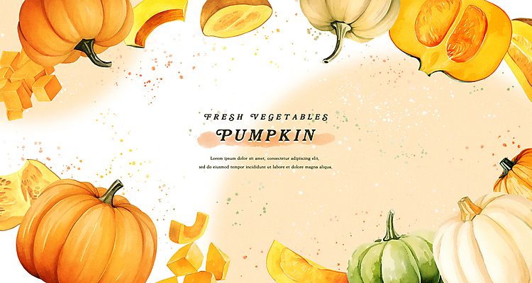 PSD 웰빙 일러스트 호박 수채화 프레임 사람없음 주황색 신선 카피스페이스 국내일러스트 컬러 채소 공백 파일형식