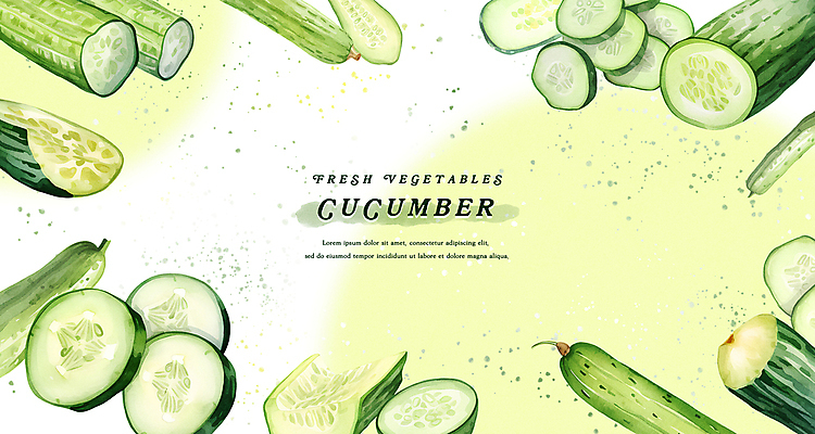 PSD 웰빙 일러스트 오이 수채화 프레임 사람없음 초록색 신선 카피스페이스 국내일러스트 컬러 채소 공백 파일형식