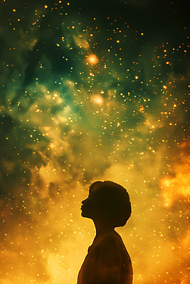 JPG 편집이미지 남자 실루엣 별 어린이 한명 소년 상반신 빛 반짝임 어둠 희망 보케 소년한명만 이미지편집 편집실사 AI컴퓨터그래픽 AI콘텐츠 자연요소 1 감정 모션 촬영기법 사람 CG 남자한명만 소년만 파일형식