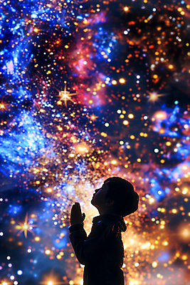 JPG 편집이미지 남자 실루엣 별 어린이 한명 소년 상반신 빛 반짝임 어둠 희망 올려보기 보케 소원 손모으기 소원빌기 소년한명만 이미지편집 편집실사 AI컴퓨터그래픽 AI콘텐츠 자연요소 1 감정 모션 촬영기법 사람 손짓 CG 남자한명만 소년만 파일형식