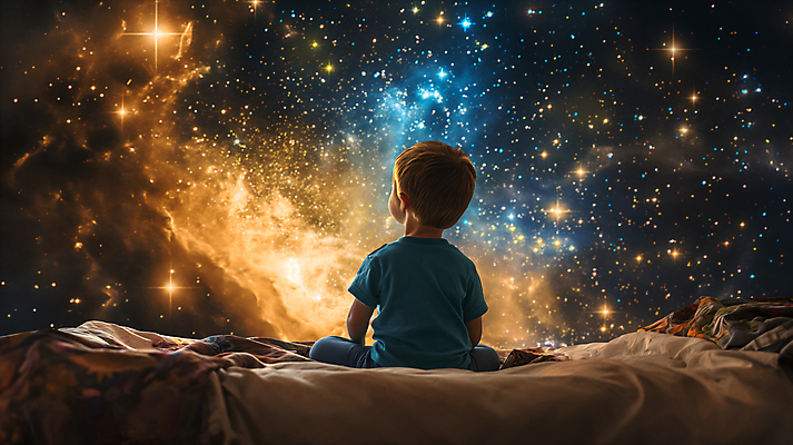 JPG 편집이미지 남자 별 어린이 한명 앉기 소년 상반신 빛 반짝임 우주 어둠 희망 침대 보케 소년한명만 이미지편집 편집실사 AI컴퓨터그래픽 AI콘텐츠 자연요소 1 감정 가구 모션 사람 CG 남자한명만 소년만 파일형식