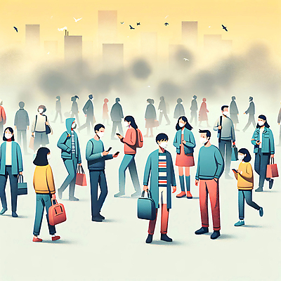 JPG 전신 여자 남자 가방 일러스트 조류 마스크 들기 여러명 성인 공해 군중 디지털합성 성인만 미세먼지 편집소스 국내일러스트 AI일러스트 AI콘텐츠 동물 잡화 다수 모션 사람 먼지 파일형식