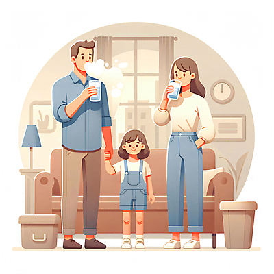 JPG 전신 여자 남자 어린이 시계 일러스트 창문 가족 전등 소녀 성인 공해 세명 물 소파 손잡기 마시기 쓰레기통 커튼 디지털합성 주머니손 베이지색 수분섭취 미세먼지 편집소스 국내일러스트 AI일러스트 AI콘텐츠 자연요소 컬러 의자 관계 모션 조명 사람 먼지 파일형식