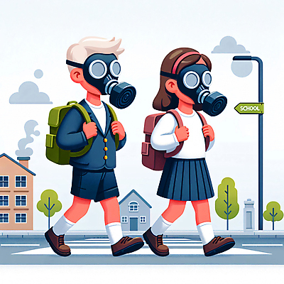 JPG 전신 나무 여자 남자 어린이 일러스트 책가방 소녀 소년 공해 두명 건물 디지털합성 등교 방독면 어린이만 미세먼지 편집소스 국내일러스트 AI일러스트 AI콘텐츠 식물 건축물 가방 마스크 사람 등하교 먼지 파일형식