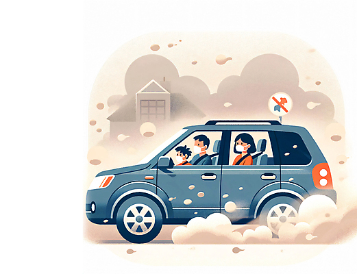 JPG 여자 남자 어린이 일러스트 가족 자동차 마스크 소년 상반신 성인 공해 건물 세명 봄 운전 승차 디지털합성 매연 배기가스 미세먼지 편집소스 국내일러스트 AI일러스트 AI콘텐츠 건축물 계절 육상교통 관계 모션 사람 환경오염 먼지 파일형식