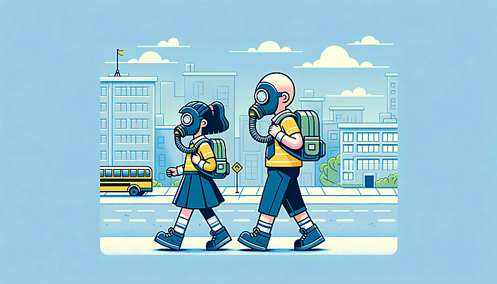 JPG 전신 구름 여자 남자 교복 도로 어린이 일러스트 하늘 버스 책가방 소녀 소년 공해 두명 건물 파란색 걷기 디지털합성 등교 방독면 미세먼지 편집소스 국내일러스트 AI일러스트 AI콘텐츠 자연요소 건축물 옷 길 육상교통 컬러 가방 교통시설 모션 대중교통 마스크 사람 등하교 먼지 파일형식