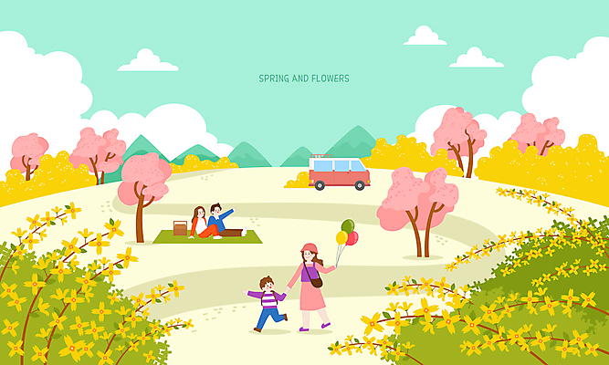 전신 공원 여자 남자 어린이 백그라운드 일러스트 산 풍경 소년 여러명 성인 부모 소풍 바구니 봄 벚나무 개나리 돗자리 풀숲 풍선 캠핑카 국내일러스트 AI파일 나무 계절 공공시설 꽃 다수 가족 자동차 사람 야외활동 벚꽃 숲 파일형식 벡터