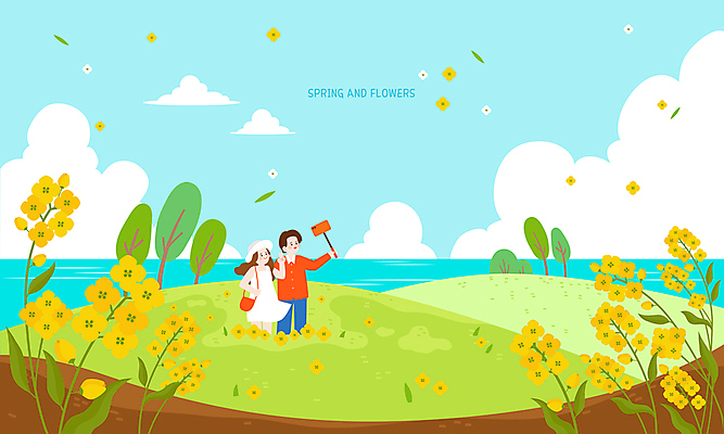 나무 커플 여자 남자 바다 여행 백그라운드 잎 일러스트 기념 풍경 성인 두명 봄 셀프카메라 유채 셀카봉 유채밭 성인만 국내일러스트 AI파일 식물 계절 꽃 밭 관계 사람 사진촬영 파일형식 벡터