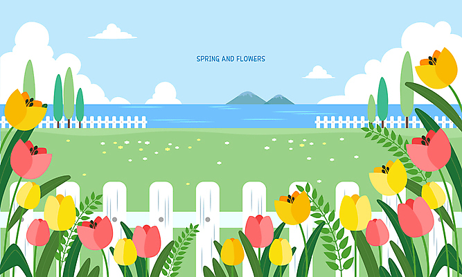 나무 바다 섬 백그라운드 잎 일러스트 풍경 초원 사람없음 울타리 정원 봄 들꽃 튤립 국내일러스트 AI파일 식물 계절 꽃 담장 파일형식 벡터