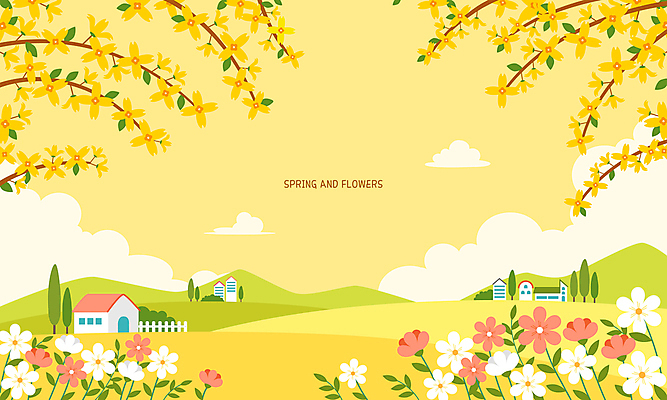 백그라운드 잎 일러스트 산 주택 풍경 사람없음 노란색 마을 봄 들꽃 개나리 언덕 국내일러스트 AI파일 식물 계절 꽃 컬러 건물 파일형식 벡터