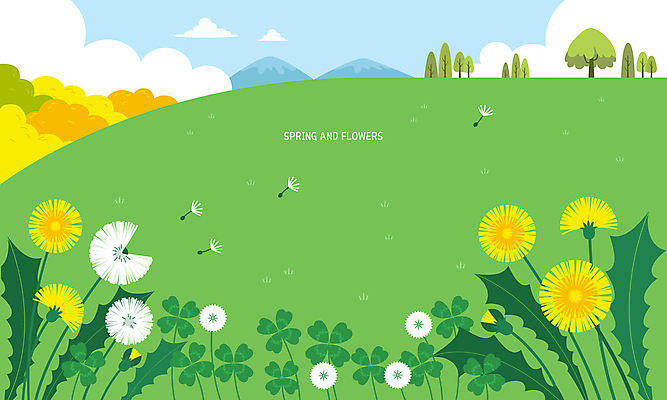 나무 구름 백그라운드 일러스트 산 풍경 사람없음 노란색 봄 네잎클로버 토끼풀 언덕 민들레홀씨 국내일러스트 AI파일 자연요소 식물 계절 컬러 클로버 민들레 파일형식 벡터