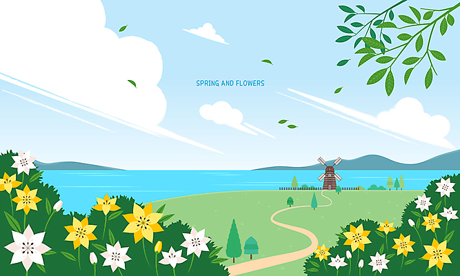 나무 구름 길 바다 백그라운드 일러스트 바람 나뭇잎 산 풍경 사람없음 초록색 노란색 봄 풍차 언덕 풀숲 국내일러스트 AI파일 자연요소 식물 계절 컬러 잎 날씨 숲 파일형식 벡터