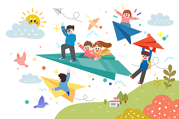 전신 구름 여자 남자 어린이 일러스트 상상 소녀 소년 여러명 상반신 태양 꿈 비행 승차 종이비행기 즐거움 어린이만 국내일러스트 AI파일 자연요소 감정 다수 모션 사람 종이접기 파일형식 벡터