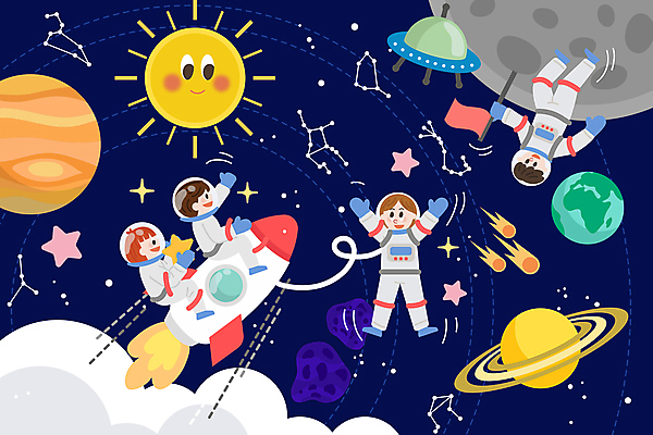 전신 여자 남자 지구 어린이 여행 일러스트 상상 소녀 소년 여러명 상반신 우주 별자리 꿈 행성 로켓 우주비행사 유성 우주선 즐거움 우주복 태양계 토성 어린이만 국내일러스트 AI파일 옷 감정 다수 사람 파일형식 벡터