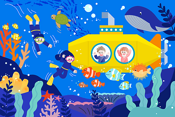 전신 여자 남자 어린이 바다 일러스트 상상 어류 소녀 소년 여러명 상반신 바닷속 바다동물 꿈 스노클링 거북이 잠수함 고래 열대어 즐거움 어린이만 국내일러스트 AI파일 동물 감정 다수 포유류 파충류 사람 수중 수중동물 수상스포츠 파일형식 벡터