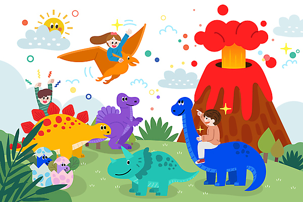 전신 여자 남자 어린이 일러스트 상상 소녀 소년 상반신 세명 꿈 비행 승차 폭발 즐거움 공룡 화산 공룡알 브라키오사우루스 익룡 어린이만 국내일러스트 AI파일 감정 파충류 모션 산 사람 알 파일형식 벡터