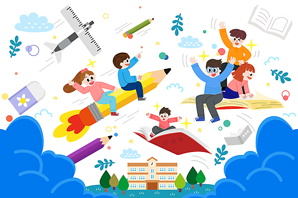 전신 구름 여자 남자 어린이 일러스트 학교 상상 학용품 소녀 소년 여러명 상반신 책 연필 꿈 비행 인사 승차 즐거움 어린이만 국내일러스트 AI파일 자연요소 교육 감정 다수 모션 문구용품 사람 필기구 예절 파일형식 벡터