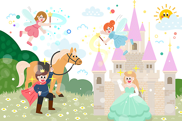 전신 여자 남자 어린이 일러스트 상상 동화 요정 소녀 소년 여러명 상반신 책 궁전 꿈 말_동물 성 즐거움 공주님 왕자 어린이만 국내일러스트 AI파일 건축물 감정 다수 고건축 포유류 사람 파일형식 벡터
