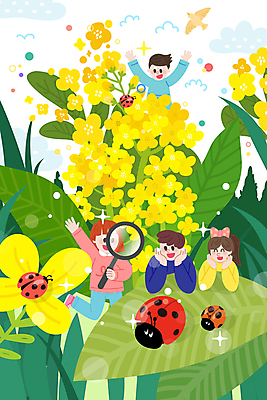 전신 여자 남자 꽃 어린이 곤충 일러스트 상상 돋보기 소녀 소년 여러명 상반신 만세 꿈 관찰 즐거움 무당벌레 꽃받침 어린이만 국내일러스트 AI파일 식물 동물 감정 다수 모션 사람 손짓 파일형식 벡터