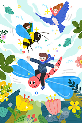 전신 구름 여자 남자 꽃 어린이 곤충 일러스트 상상 조류 하늘 소녀 소년 여러명 상반신 만세 꿈 비행 인사 잠자리 승차 벌 즐거움 어린이만 국내일러스트 AI파일 자연요소 식물 동물 감정 다수 모션 사람 예절 파일형식 벡터