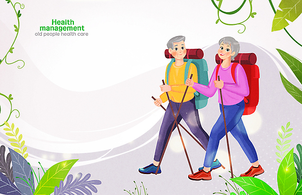 전신 PSD 여자 할아버지 노년 남자 할머니 일러스트 두명 걷기 건강관리 등산 풀 등산가방 노후건강 등산스틱 노인만 국내일러스트 식물 가방 모션 건강 관리 사람 성인 노후 트래킹 등산용품 성인만 파일형식