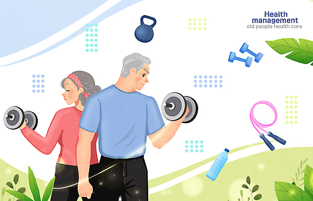 PSD 여자 할아버지 노년 남자 할머니 잎 일러스트 들기 상반신 두명 건강관리 운동기구 아령 풀 웨이트트레이닝 물병 줄넘기 노후건강 케틀벨 노인만 국내일러스트 식물 모션 건강 관리 사람 성인 노후 운동 헬스 물통 성인만 파일형식