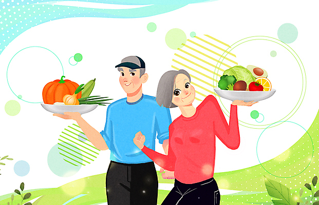 PSD 여자 할아버지 노년 남자 할머니 음식 잎 채소 일러스트 들기 상반신 두명 건강관리 노후건강 식습관 노인만 식단관리 국내일러스트 식물 모션 건강 관리 사람 성인 노후 성인만 파일형식