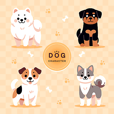동물 반려견 스티커 여러마리 일러스트 사람없음 노란색 귀여움 개 강아지 발자국 개캐릭터 개뼈다귀 아기자기 국내일러스트 AI파일 컬러 동물캐릭터 다수 컨셉 포유류 자국 반려동물 애견간식 파일형식 벡터