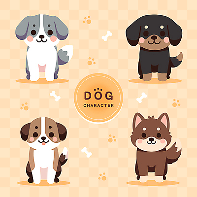 동물 반려견 스티커 여러마리 일러스트 사람없음 노란색 귀여움 개 강아지 발자국 개캐릭터 개뼈다귀 아기자기 국내일러스트 AI파일 컬러 동물캐릭터 다수 컨셉 포유류 자국 반려동물 애견간식 파일형식 벡터