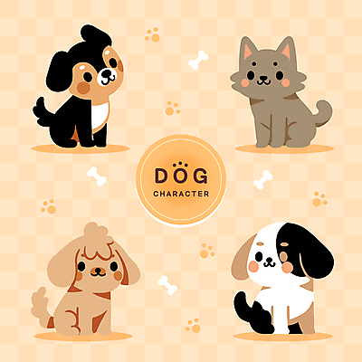 동물 반려견 스티커 여러마리 일러스트 사람없음 노란색 귀여움 개 강아지 발자국 개캐릭터 개뼈다귀 아기자기 국내일러스트 AI파일 컬러 동물캐릭터 다수 컨셉 포유류 자국 반려동물 애견간식 파일형식 벡터