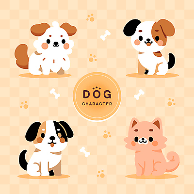 동물 반려견 스티커 여러마리 일러스트 사람없음 노란색 귀여움 개 강아지 발자국 개캐릭터 개뼈다귀 아기자기 국내일러스트 AI파일 컬러 동물캐릭터 다수 컨셉 포유류 자국 반려동물 애견간식 파일형식 벡터