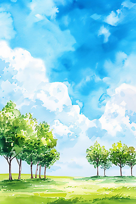 JPG 나무 구름 일러스트 자연 하늘 수채화 풍경 사람없음 맑음 국내일러스트 AI일러스트 AI콘텐츠 자연요소 식물 날씨 생태계 파일형식