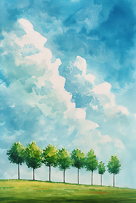 JPG 나무 구름 일러스트 자연 하늘 수채화 풍경 사람없음 맑음 국내일러스트 AI일러스트 AI콘텐츠 자연요소 식물 날씨 생태계 파일형식