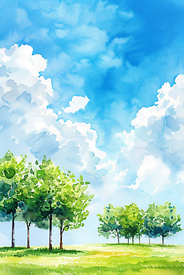 JPG 나무 구름 일러스트 자연 하늘 수채화 풍경 사람없음 맑음 국내일러스트 AI일러스트 AI콘텐츠 자연요소 식물 날씨 생태계 파일형식