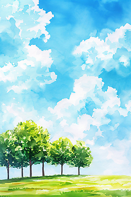 JPG 나무 구름 일러스트 자연 하늘 수채화 풍경 사람없음 맑음 국내일러스트 AI일러스트 AI콘텐츠 자연요소 식물 날씨 생태계 파일형식