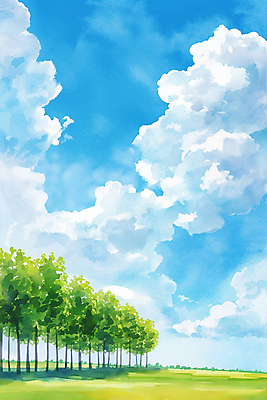 JPG 나무 구름 일러스트 자연 하늘 수채화 풍경 사람없음 맑음 국내일러스트 AI일러스트 AI콘텐츠 자연요소 식물 날씨 생태계 파일형식