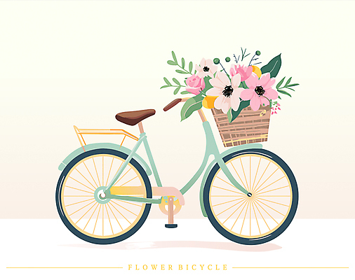 꽃 일러스트 사람없음 초록색 자전거 봄 꽃바구니 감성 국내일러스트 AI파일 식물 계절 컬러 컨셉 바구니 바이크 파일형식 벡터