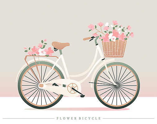 꽃 일러스트 사람없음 초록색 자전거 봄 꽃바구니 감성 국내일러스트 AI파일 식물 계절 컬러 컨셉 바구니 바이크 파일형식 벡터