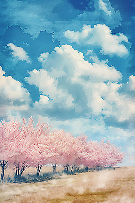 JPG 나무 구름 백그라운드 일러스트 자연 하늘 풍경 사람없음 맑음 봄풍경 봄 벚꽃 벚나무 국내일러스트 AI일러스트 AI콘텐츠 자연요소 식물 계절 꽃 날씨 생태계 파일형식