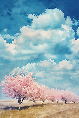 JPG 나무 구름 백그라운드 일러스트 자연 하늘 풍경 사람없음 맑음 봄풍경 봄 벚꽃 벚나무 국내일러스트 AI일러스트 AI콘텐츠 자연요소 식물 계절 꽃 날씨 생태계 파일형식