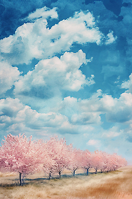 JPG 나무 구름 백그라운드 일러스트 자연 하늘 풍경 사람없음 맑음 봄풍경 봄 벚꽃 벚나무 국내일러스트 AI일러스트 AI콘텐츠 자연요소 식물 계절 꽃 날씨 생태계 파일형식
